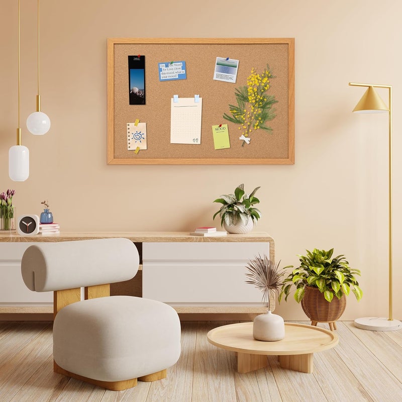 Board2by لوحة إعلانات من الفلين 2 عبوة 20" × 30"، لوحات فلين بإطار خشبي لتزيين الجدران، لوحة رسائل مكتبية معلقة، لوحة إعلانات مثبتة على الحائط مع 30 دبابيس دفع للمدرسة، المنزل والمكتب - Image 2